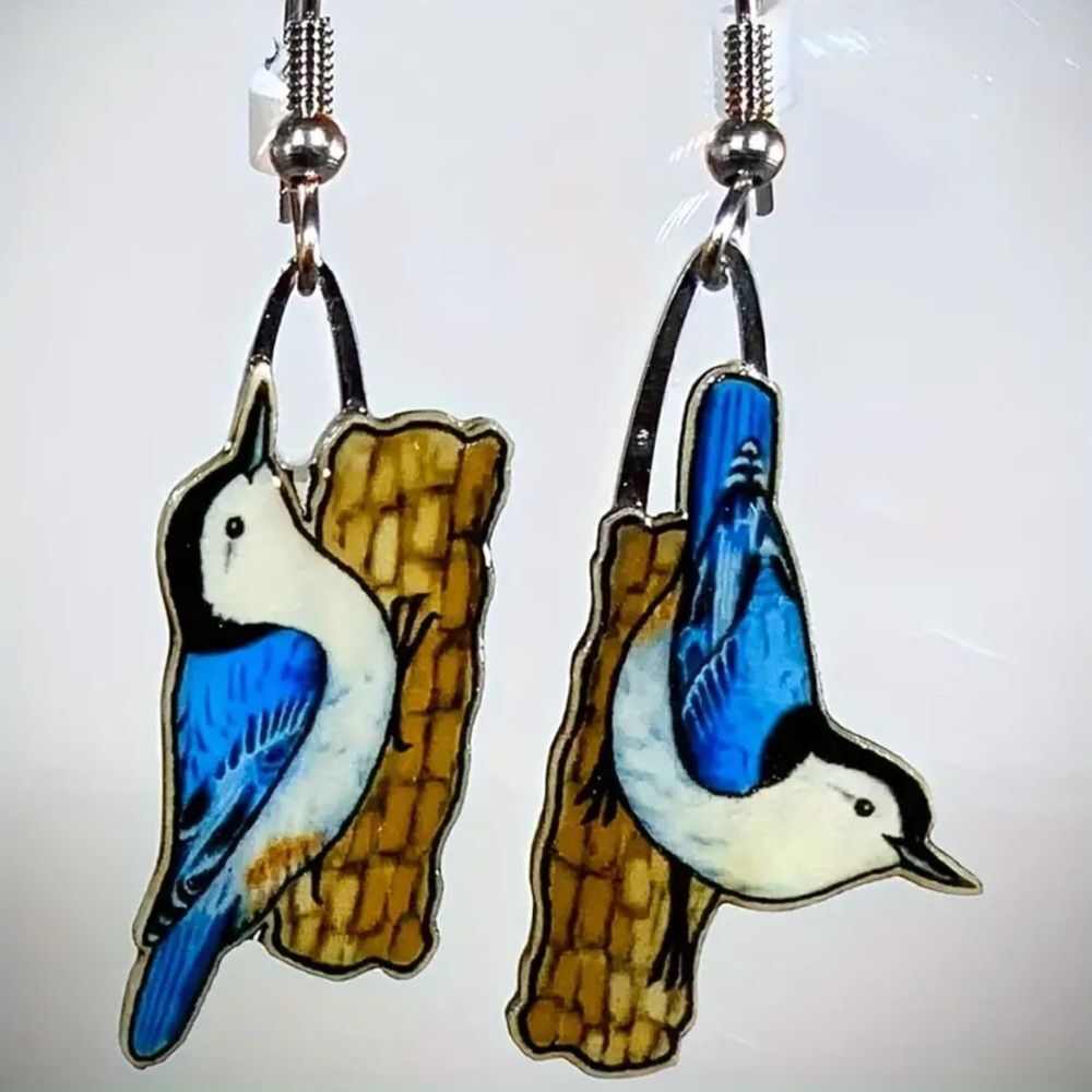 Nuthatch bird drop earrings blue vibrant gift animal lover cute quality new